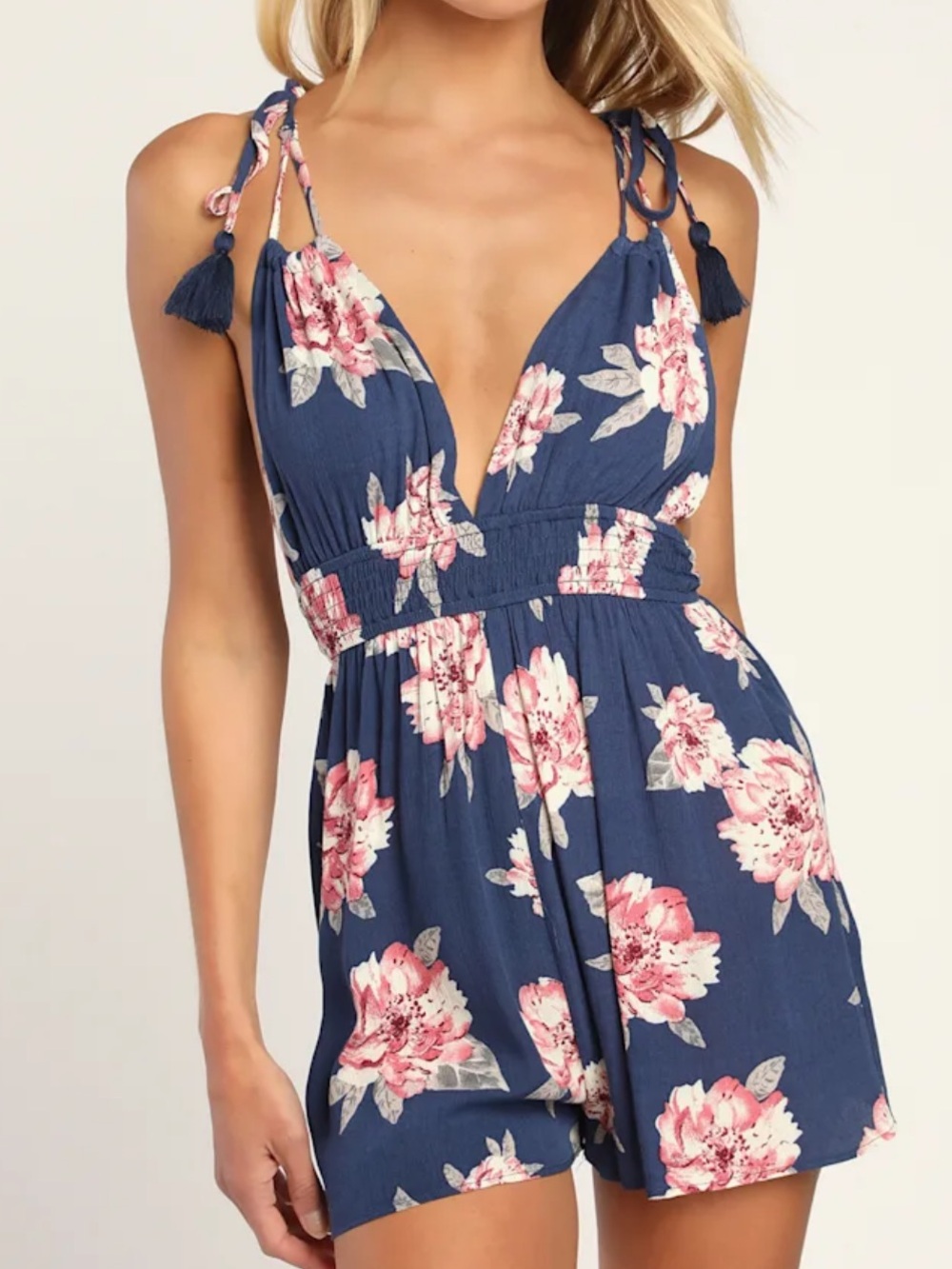 Lulus Navy Floral V-Neck Romper with Pink Rose Print Size M NWT